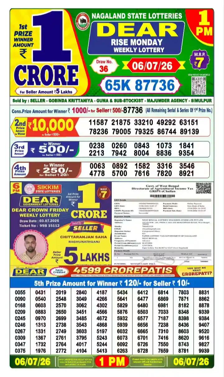 lottery sambad today 1pm 06-07-2026