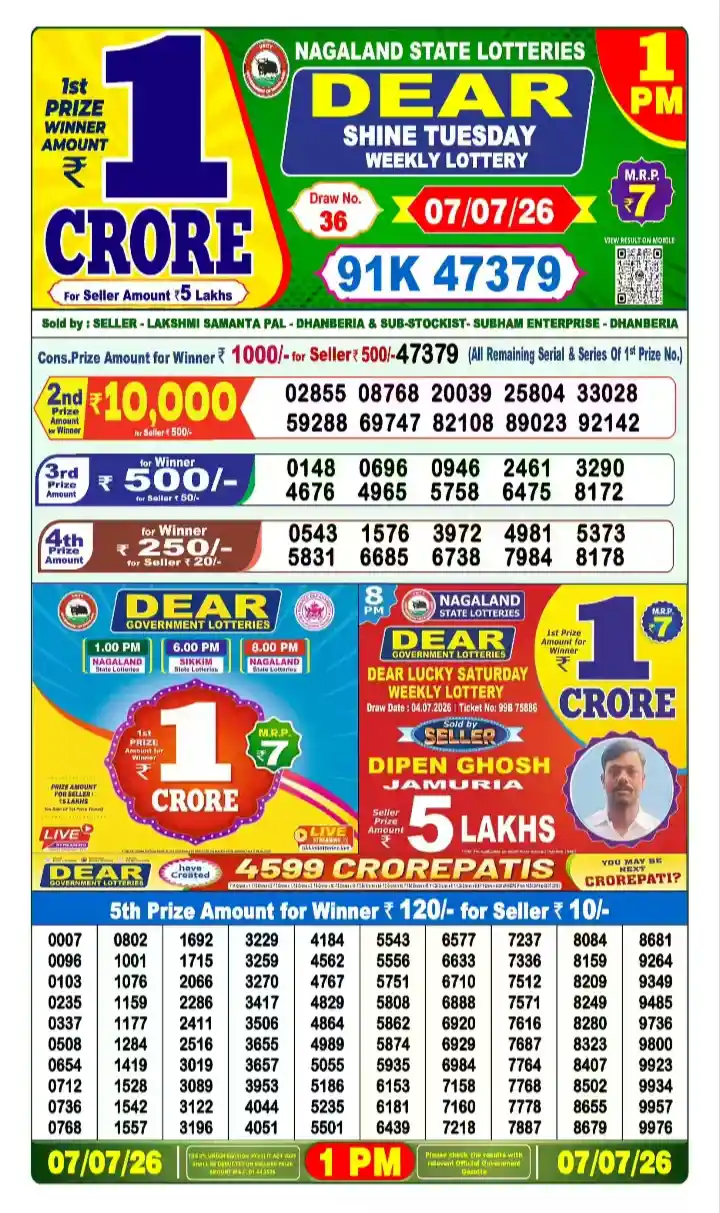 lottery sambad today 1pm 07-07-2026